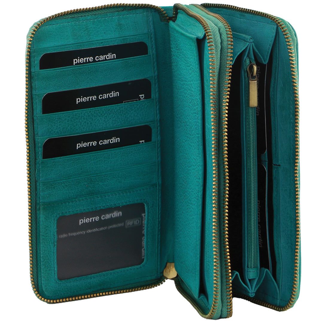 Pierre Cardin Italian Leather Double Zip Wallet Dragkedja Runt Plånbok Dam Turkos | CARZNY152
