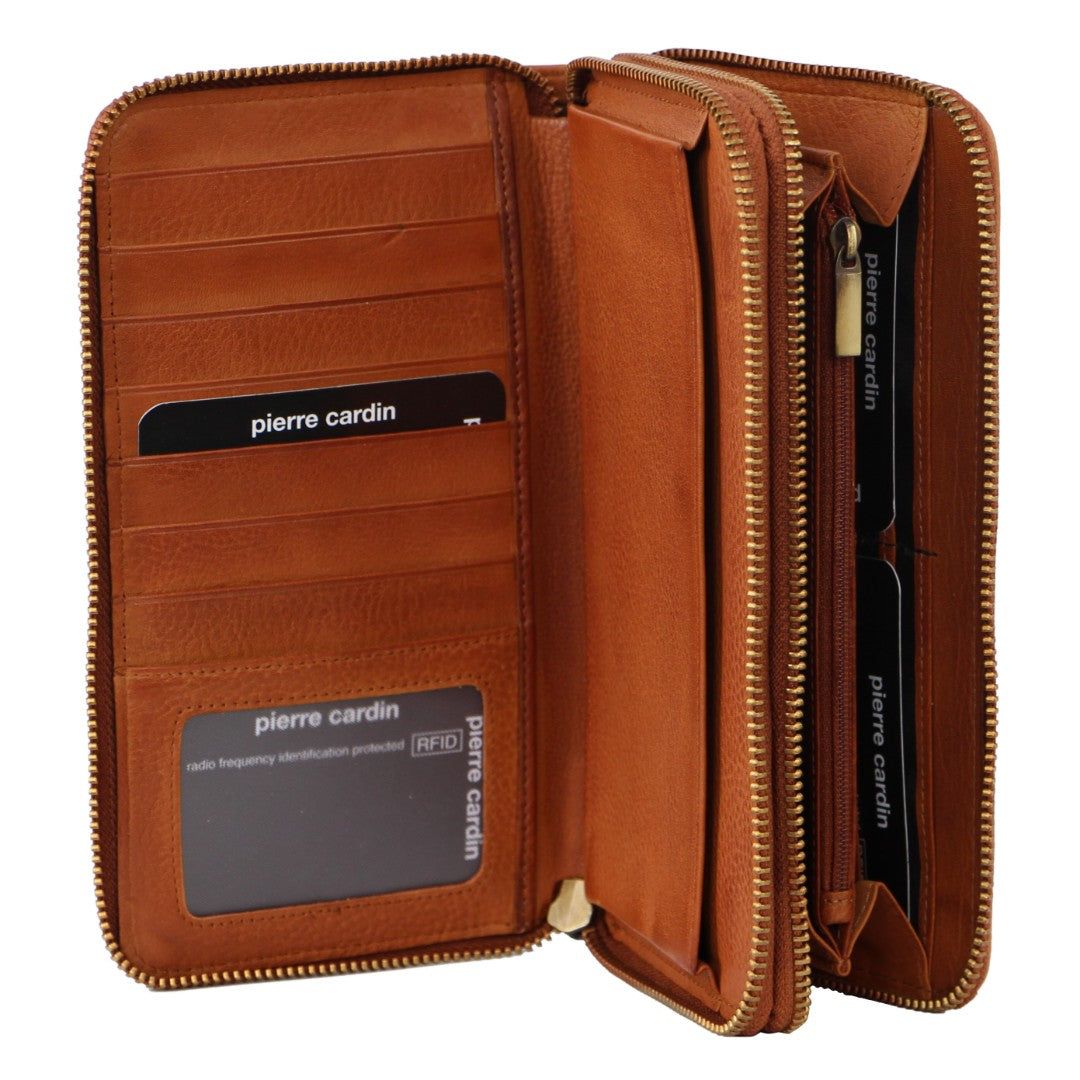Pierre Cardin Italian Leather Double Zip Wallet Dragkedja Runt Plånbok Dam Bruna | KLXWTE517