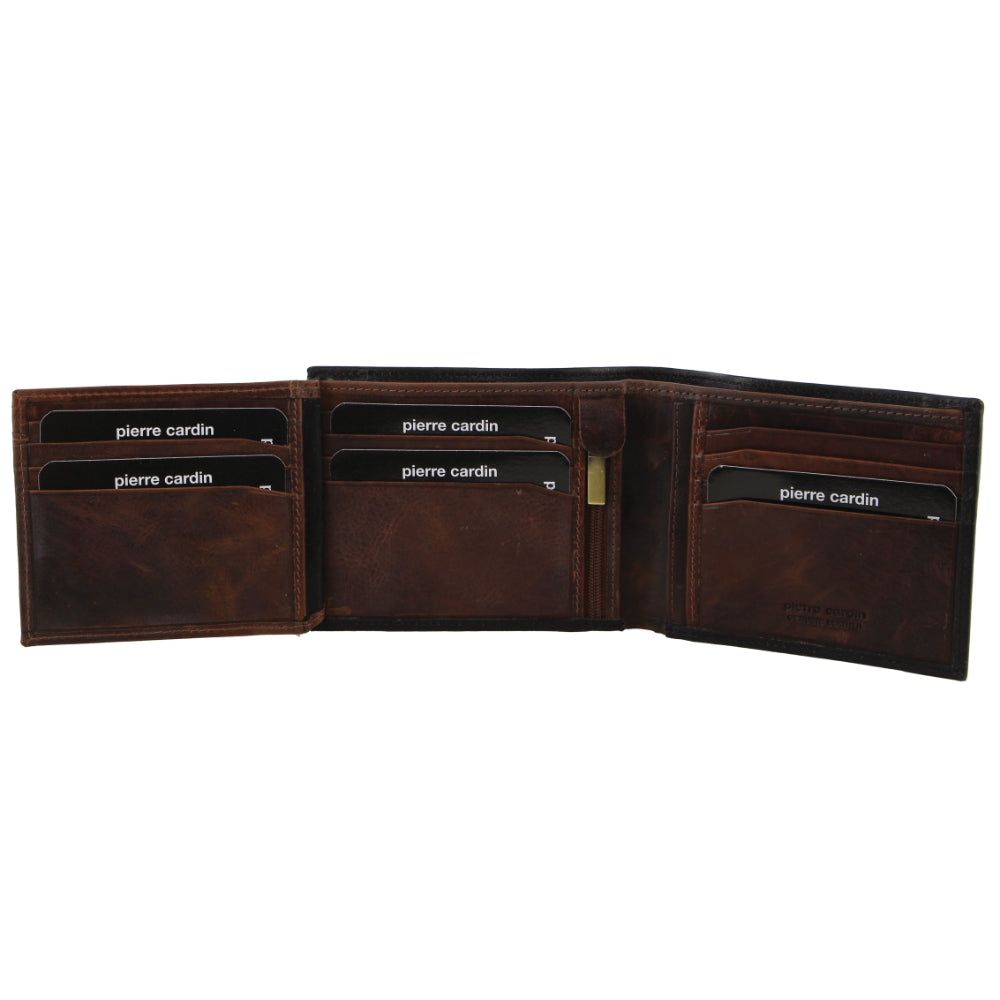 Pierre Cardin Italian Leather Two Tone Tri-Fold Wallet Trefaldig Plånbok Herr Svarta Bruna | GDRAQP612