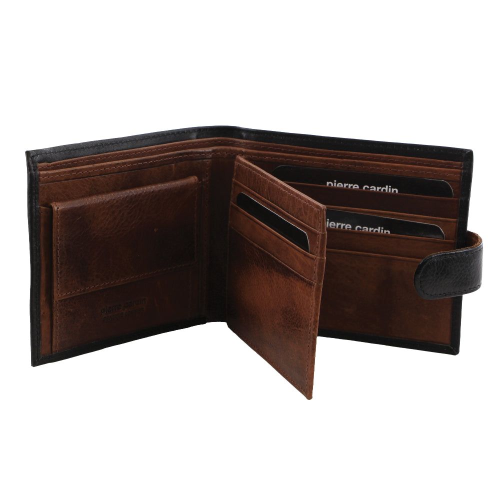 Pierre Cardin Italian Leather Two Tone Wallet Trefaldig Plånbok Herr Svarta Bruna | QBRALI514