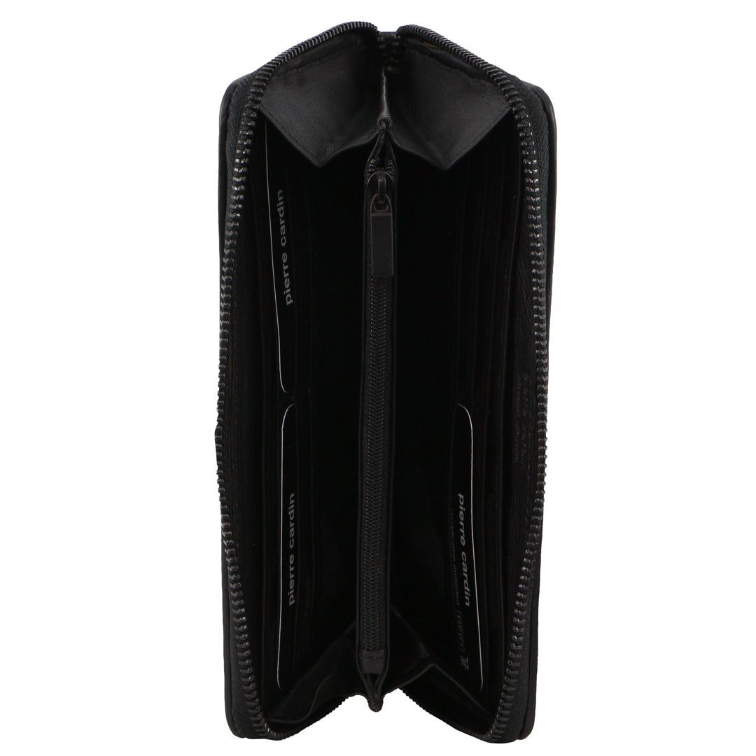 Pierre Cardin Italian Pleated Leather Zip Wallet Dragkedja Runt Plånbok Dam Svarta | GJNEAV065