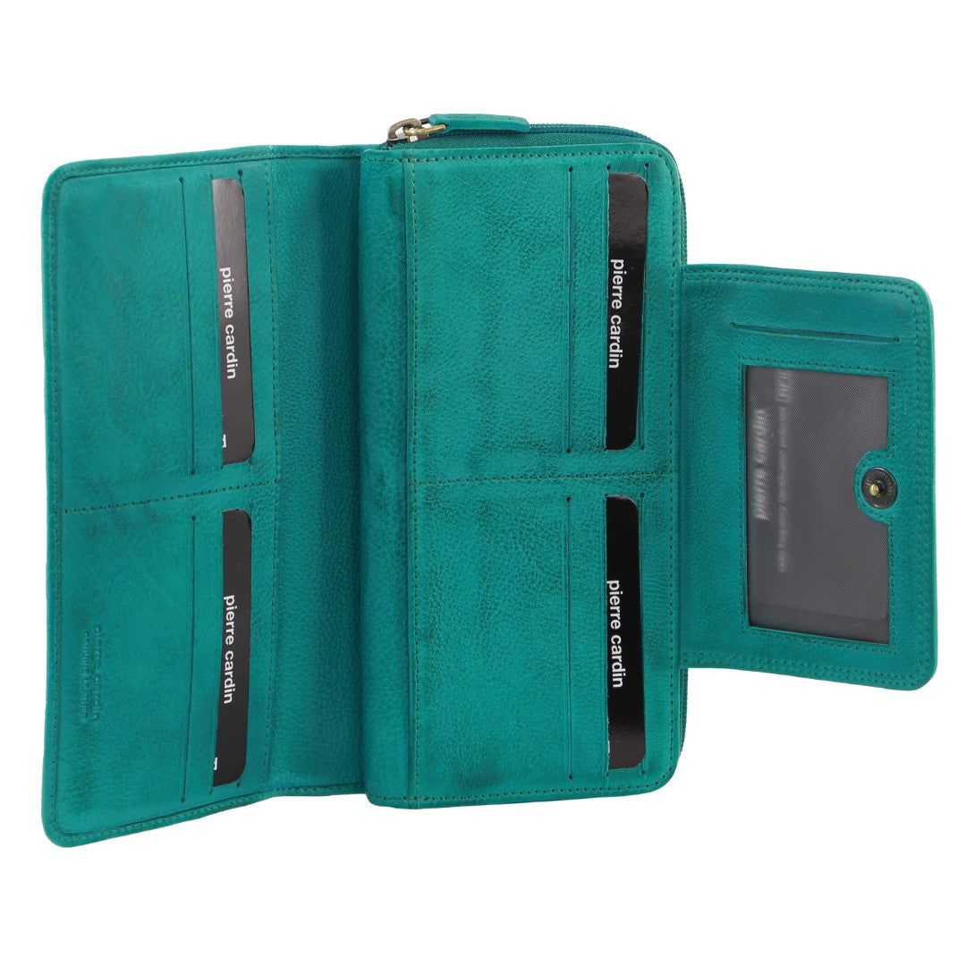 Pierre Cardin Leather Bi-Fold Tab Wallet Stor Plånbok Dam Turkos | VMNEBQ083