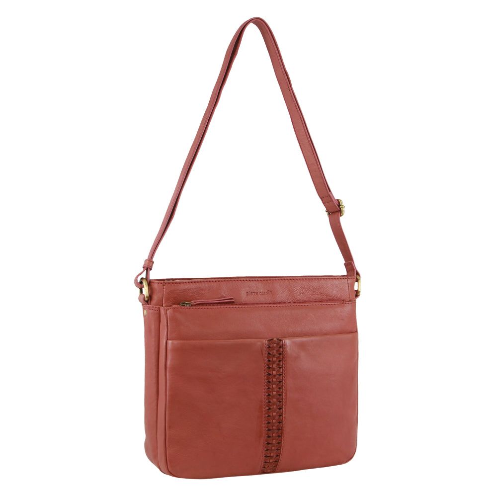 Pierre Cardin Leather Woven-Stich Design Crossbody Bag Mobile Phone Wallets Dam Marsala | LVMPCY398