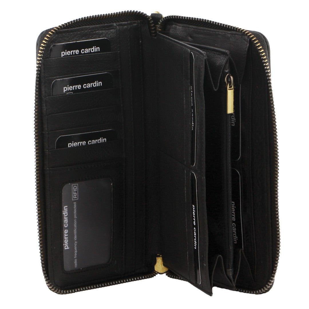 Pierre Cardin Leather Zip around wallet w Wristlet Dragkedja Runt Plånbok Dam Svarta | FTSRBH682