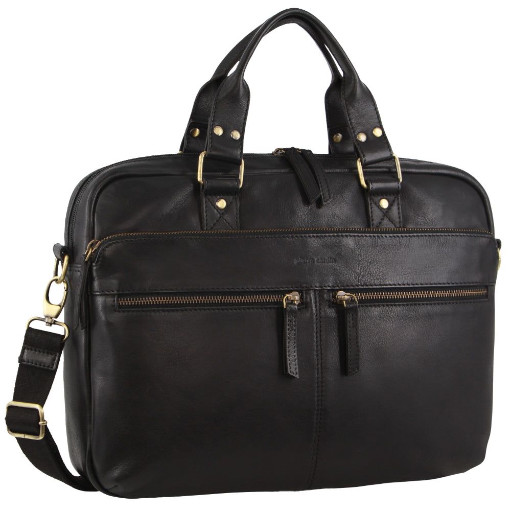 Pierre Cardin Multi-Compartment Leather Computer Bag Laptop Travel Svarta | NEBZXQ089