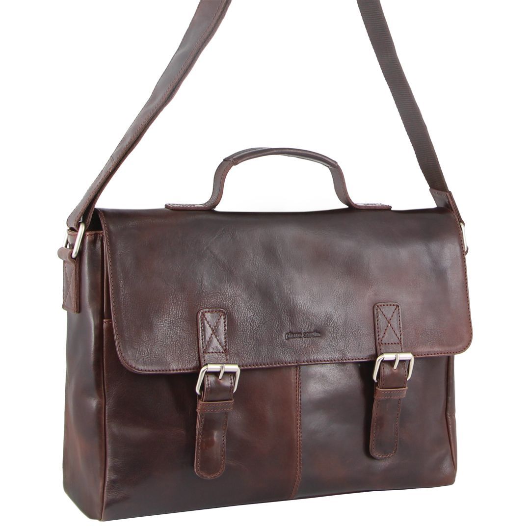 Pierre Cardin Rustic Leather Computer Bag Laptop Travel Mörkchoklad | RXAONK781