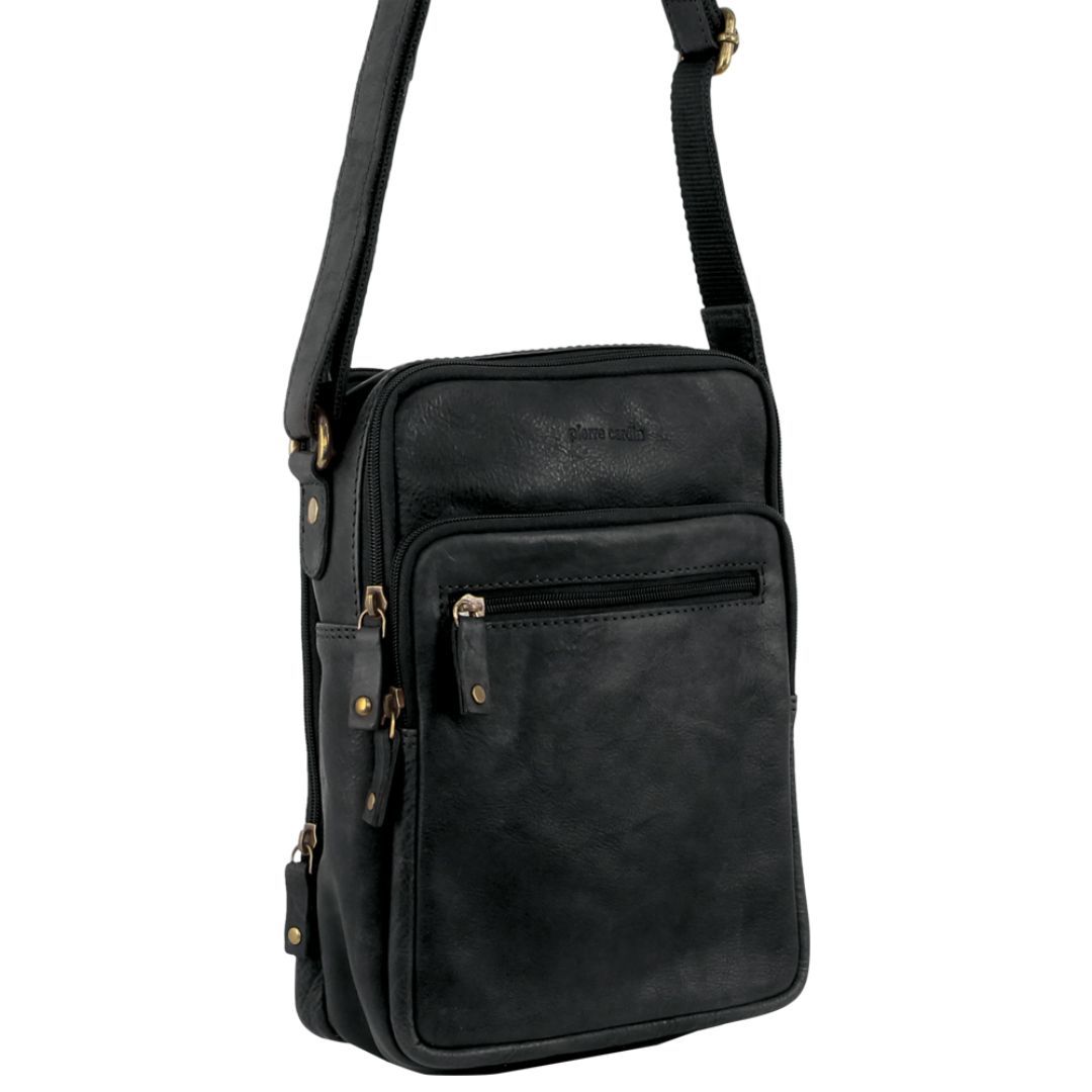 Pierre Cardin Rustic Leather Cross-Body Bag Crossbody Väska Herr Svarta | ZDVOST420