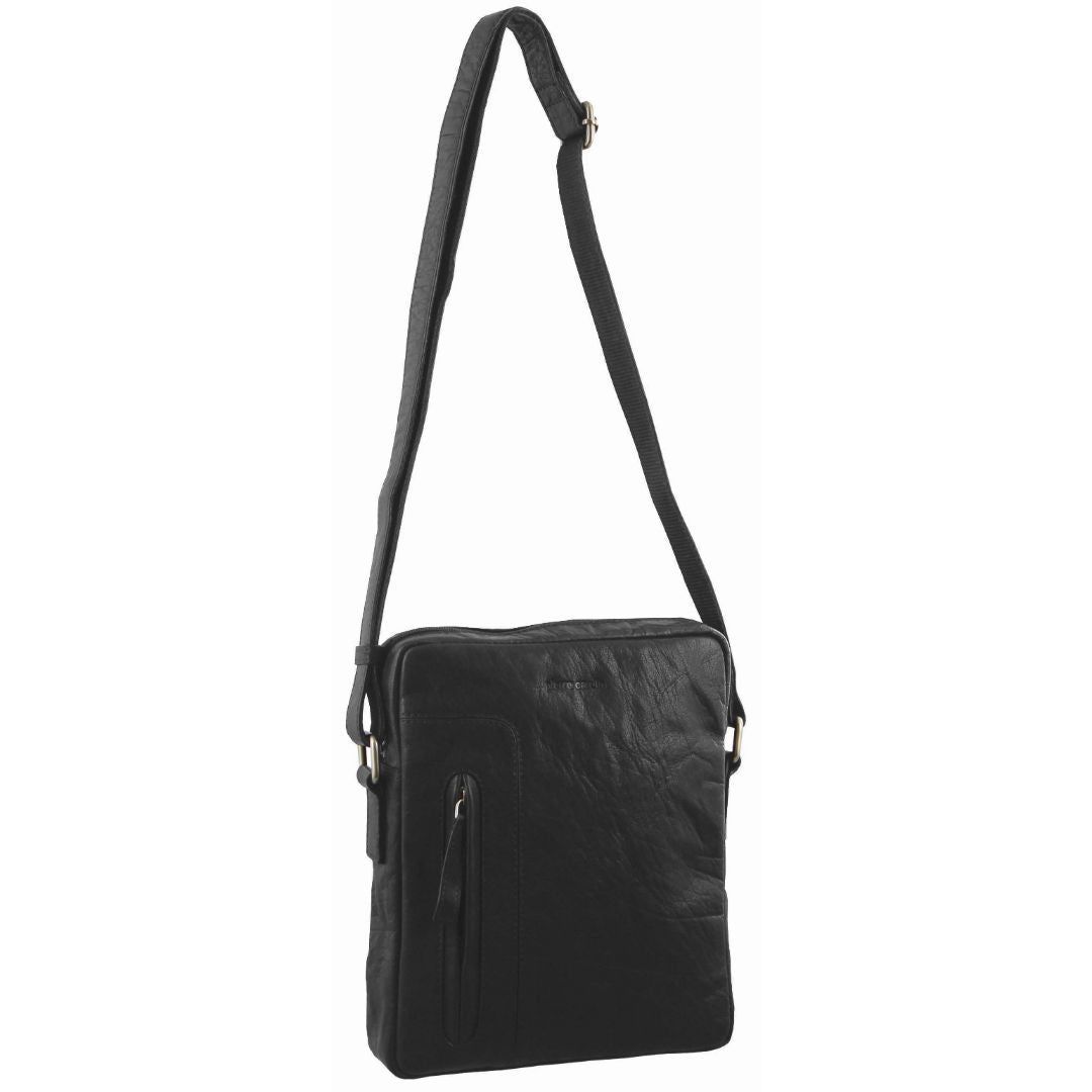 Pierre Cardin Rustic Leather iPad Bag Crossbody Väska Herr Svarta | JDZNPY879